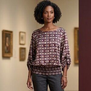 Womens Blouse Off Shoulder Top Chain Abstract Satin Cottagecore Stretch Size 3X?